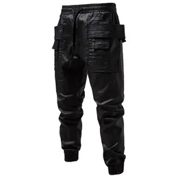 Men's Pants Fitted Men Casual Leather Solid Color Man Trousers Y2k Clothes Fashion Pocket Stretch Skinny Cargo Gym Work Pantalones