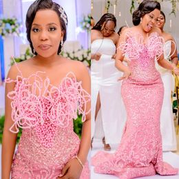 2024 Aso Ebi Pink Florals Mermaid Prom Dress Pearls Sequined Evening Formal Party Second Reception 50th Birthday Engagement Gowns Dresses Robe De Soiree ZJ32