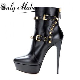 Boots Onlymaker Women's Big Size Platform Ankle Boots 16cm High Thin Heel Fashion Heels Black Boots Metal Plates Booties