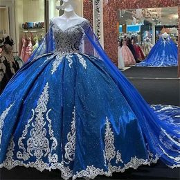 اللون الأزرق الملكي قبالة ثوب كرة الكتف ، فستان quinceanera الملبس مع كيب براقة الأميرة مشد الدانتيل الحلو 1516 فساتين التخرج BC15345 0321