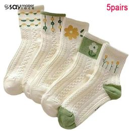 Women Socks 5pairs Short-tube Sweat-absorbing Deodorant Cotton Fresh Small Flower Japanese White