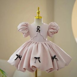 Girls Year Princess pink satins bow Children sleeveless Wedding Gown Kids Dresses for Girls infant Birthday Party Dress 240309