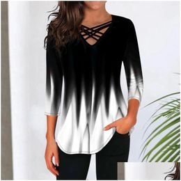 Womens T-Shirt T Shirts Ladies Blouse Casual Fashion Shirt Tops Hollow Out Long Sleeves V Neck Loose Printed Y Short Drop Delivery App Otkhb
