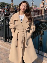 Women's Trench Coats LANMREM Korean Style Solid Color Coat For Women Lapel Belt Gathered Waist Double Breasted Mid Length Windbreaker