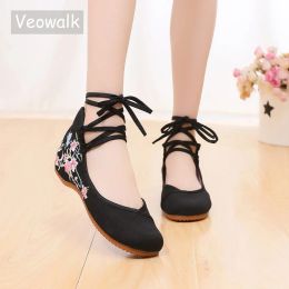 Boots Veowalk Ankle Strap Women Canvas Embroidered Ballet Flats Ladies Comfortable Cotton Dance Ballerinas Vegan Muslem Shoes