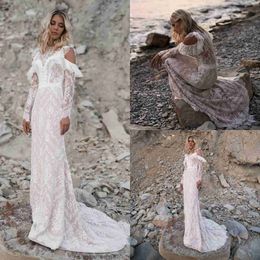 modest full lace mermaid wedding dresses long sleeve jewel neck bohemian beach bridal gowns sweep train custom wedding dress