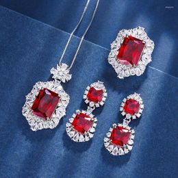 Necklace Earrings Set Red Ruby Cubic Zircon CZ Pendant Stud Adjustable Ring Luxury Women Jewelry