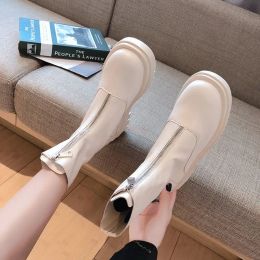 Boots Female Ankle Boots White Booties Round Toe Platform Short Shoes for Women Chunky Footwear Elegant with Medium Heels Winter 2023