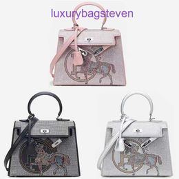 Hremms Birkks High end Designer Tote bags for womens Pink Horse Water Diamond Bag 2024 New High end Light Luxury Full Dinner Womens Handbag Single Original 1:1 with logo