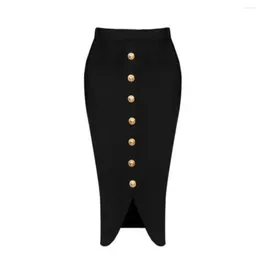 Skirts Summer Women Black Midi Bodycon Bandage Skirt 2024 Designer High Waist Party Office Lady Elegant Split
