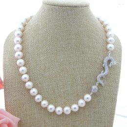 Pendant Necklaces Natural 10mm White Sea Shell Pearl Necklace CZ Dragon Clasp 20"