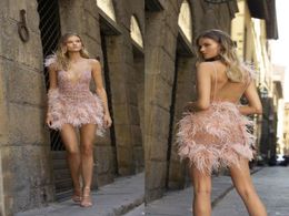 Berta Prom Dresses Sexy See Through Sequins Beaded Feather Spaghetti Mini Pink Evening Dresses Custom Made Short Formal Party Gown4604935