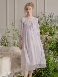 Women's Sleepwear Vintage Modal Gauze Princess Long Nightgowns ForWomen Deliacate Embroidery Loose Royal Spring Summer Sweet Dress