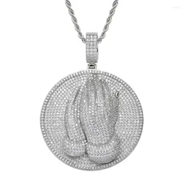 Pendant Necklaces Hip Hop Full CZ Stone Paved Bling Out Praying Hand Round Pendants Necklace For Men Rapper Jewelry Drop
