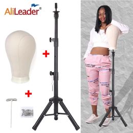 Stands Alileader New 140Cm/64Cm Wig Stand Wig Tripod With Mannequin Canvas Block Head Adjustable Tripod Stand Wig Making kit TPins Gift