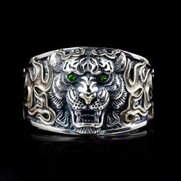 Domineering Green-Eyed Tiger Head Flame Pattern Open 14K Gold Ring Mens Punk Hip-Hop Rock Trend Jewellery Anniversary Gift