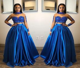 Royal Blue Two Pieces Prom Dresses Lace Appliques Sheer High Neck Long Sleeves Evening Gowns Floor Length Zipper Back Cheap Party 4411720