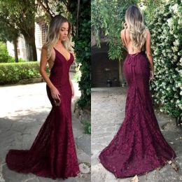 Dark Red Cut Away Side Backless Sexy Prom Dresses Spaghetti Straps Lace V neck Mermaid Evening Gowns For Party Vestidos