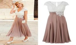 Newest V Neck Mother of the Bride Dress Deep Chiffon Tea Length Wedding Guest Dress Short Sleeves Top Lace Groom Party Gowns2850410