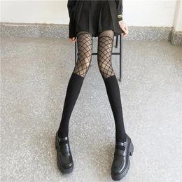 Women Socks Goth Black Sheer Pantyhose Mesh Fishnet Print Stitching Jacquard Tights Fake Thigh Stockings