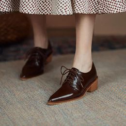 Dress Shoes Spring/Autumn Women Split Leather Oxfords For Pointed Toe Chunky Heel Pumps Sexy Ladies Black