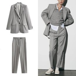 TRAF Womens Blazer Two Piece Set Fashion VNeck Casual Wide Leg Pants Straight Cut Elegant Suit 240219