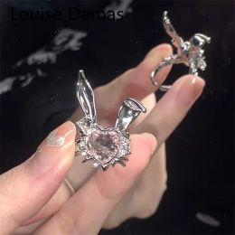 Korea Cute Rabbit Ear Rings Girl Women Bunny Zircon Jewellery Opening Rings For Girlfriend 14K White Gold Wind Jewellery Gifts