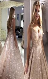 Gorgeous Rose Gold Sequined Prom Dresses V Neck Sparkling Sequin Aline Backless Party Dresses Robe De Soiree 2020 New Evening Dre8874770