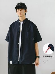 Men's Casual Shirts Short-Sleeved Shirt Solid Colour Oxford Single-Breasted Loose Fashion Retro Japanese Striped White Top Summer Coat