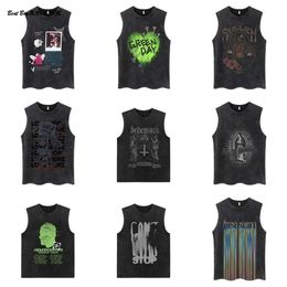 European And American Dark Hiphop Washed And Distressed Sleeveless T-Shirt, Men's Trendy Hip-Hop American Ins Trendy Loose Sports Vest