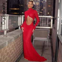 Cryptographic Elegant Red Cut Out Maxi Dress for Women Party Club Outfits Long Sleeve Ruched Sexy Backless Gown Birthday Dresses 240321