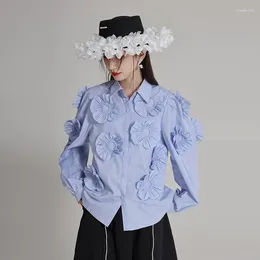 Damen-Strick-Plissee-Hemd mit dreidimensionaler großer Blume, High-End-Frühlings-Langarm-Revers-Cardigan-Oberteil, Orange, Schwarz, Blau