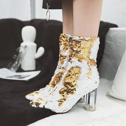 Boots Women's Fashion Sequined Ankle Boots Autumn and Winter Pointed High Heels Short Boots Sexy Crystal Thick High Heels Party Shoes