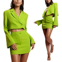 Custom High Quality Womens Coats Office Suit Short Skirt 2 Pieces Set V-neck Lady Flared Cropped Blazers Ladies Women