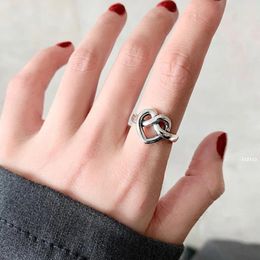 Cluster Rings 925 Sterling Silver Adjustable For Women Girls Hollow Heart Simple Twine Wave Pattern Creative Design Bride Fine Jewellery