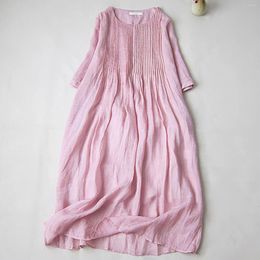 Casual Dresses White Cotton Linen For Women 2024 Summer Loose Boho Holiday Women's Round Neck Pleated Dress Sundress