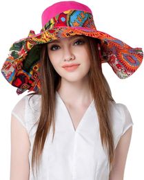 Chapéu feminino dobrável reversível para viagem praia sol viseira aba larga