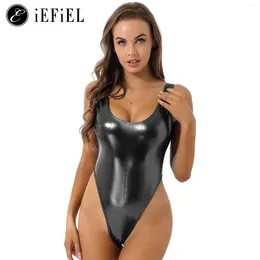 Women's Swimwear Womens Shiny Metallic Patent Leather High Cut Backless Leotard Gymnastics Bodysuit One Piece Bathing Suits