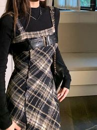 Work Dresses 2024 Autumn Elegant Plaid 2 Piece Dress Set Women Casual Black Blouse Vintage Slim Strap Korean Fashion Suits