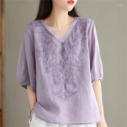 Women's Blouses Summer Ethnic Style Floral Embroidery Blouse Women V Neck Cotton Linen Shirt Ladies Half Sleeve Causal Loose Short Tops