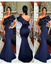 Nigeria Mermaid One Shoulder Prom Gowns Navy Blue African Style Top Ruffles Plus Size evening dresses floor length Formal Party Lo1210488