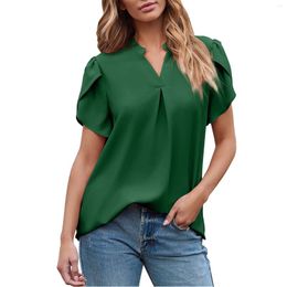 Women's T Shirts Women Soild V Neck Cute Tee Short Sleeve Pleated Dressy Casual Shirt Top Fashion Blouse 2024 For Y2k