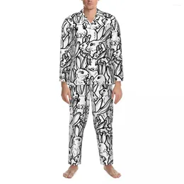 Men's Sleepwear Pyjamas Men Black White Minimal Fashion Room Autumn Two Piece Vintage Oversize Design Home Suit