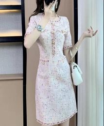 New design women039s summer oneck short sleeve pink Colour tweed Woollen aline slim waist short dress plus size XSSMLXLXXL3042318