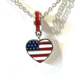 S925 Silver American Heart Flag Silver Pendant Fit with Blue Red and White Enamel Beads Bracelet Jewellery 791548ENMX Fashion Jewellery