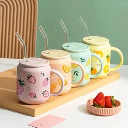 Mugs 1pc Cute Fruit Pattern Coffee Mug With Lid And Straw Ceramic Can Shaped Water Cups Summer Winter Drinkware Gift Packaging