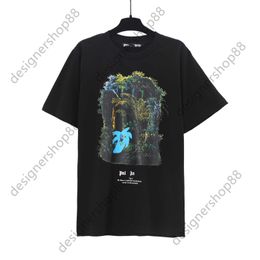 Tik Tok Influencer Same Designer Brand Pure Cotton Jungle Forest Print Short Sleeve Loose High Street American Casual Round Neck Black White T-shirt