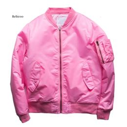 Mens Pink Bomber Jacket Padded Jackets Zippered Sleeve Pocket Stand Collar Baseball Jacket Military Style Pink Coat 240309