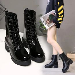 Boots Midcalf Japanned leather botines woman platform motorcycle crosstied bottes fashion autumn winter short boots chunky creepers