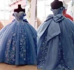 Dusty Blue Pearls Beaded Formal Quinceanera Dresses 2022 Floral Lace Flowers Applique Off The Shoulder Big Bow Ball Gown Evening P7953603